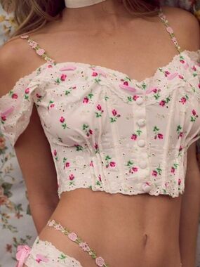 NWT For Love & Lemons White Eyelet Cropped Corset Top with Pink Rose Embroidery